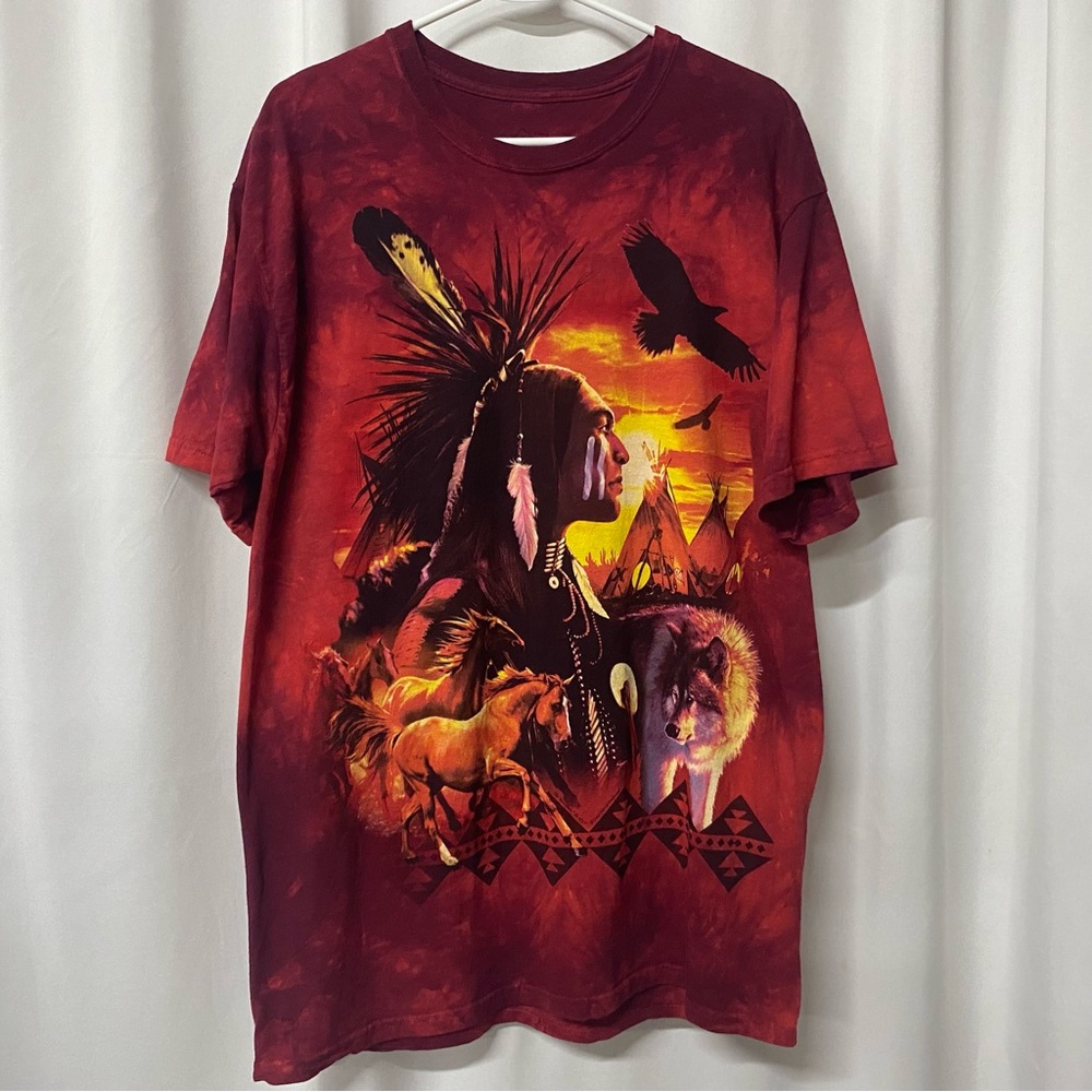The Mountain mens size large Native American shirt eagles horses wolf red